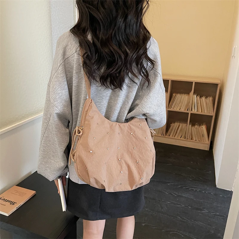 

Nylon Crescent Tote Bag with Rivet Detail, Adjustable Shoulder Bag