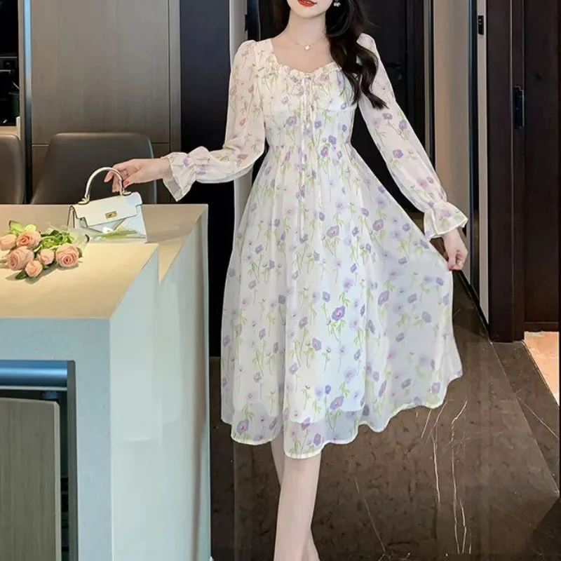 Spring New Fresh Fragmented Flower Dress Women Collar Patchwork Bow Drawstring Elegant Waist Closing Simple Long Sleeved Dresses