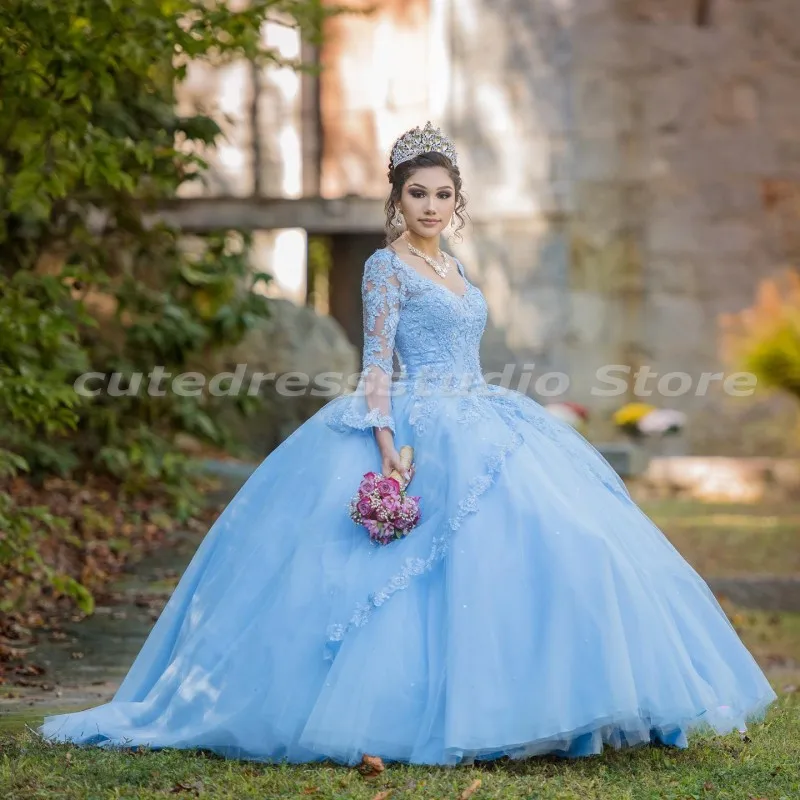 Quince XV Gaun Quinceanera Biru Muda Applique Renda Lengan Panjang Manis 16 Gaun Leher V Vestidos De 15 Años