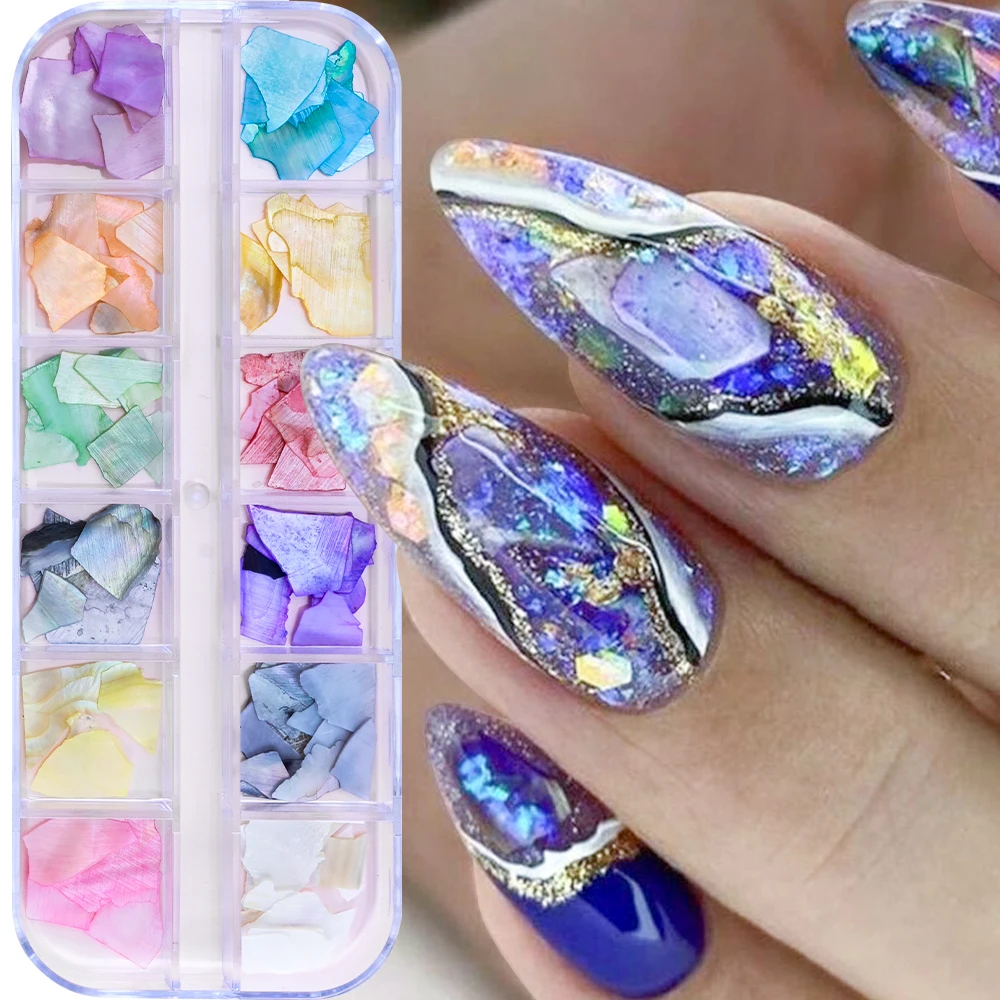 12 Colors Irregular Abalone Seashell Slices 3D Nail Art Sequins Supplies Sea Shell Slices UV Gel Flakes Mermaid Nail Decorations