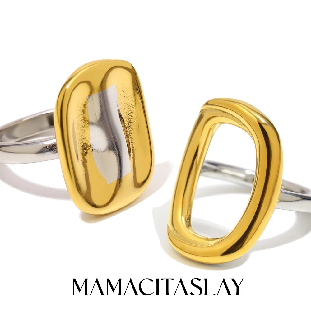 MamacitaSlay Einzigartiger 316L-Edelstahl, zweifarbig, quadratischer Ring, 18 Karat vergoldet, wasserdicht, Schmuck, kreativer Ring für Damen, Geschenke