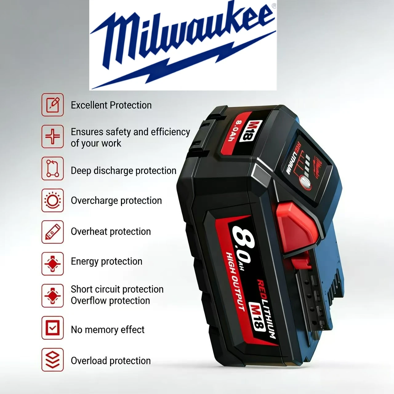 

Original Milwaukee 18v Battery, Compatible HB8 8.0Ah 4811-1850 1815 Milwaukee M18 18V M18 fully compatible Tool Lithium Battery