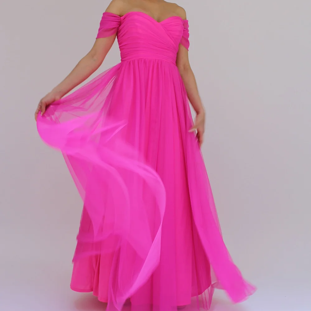 

A-Line Floor Length Strapless Off the Shoulder Tulle Sleeveless Pleats Evening Dress Celebrity Gowns High Quality and Modern