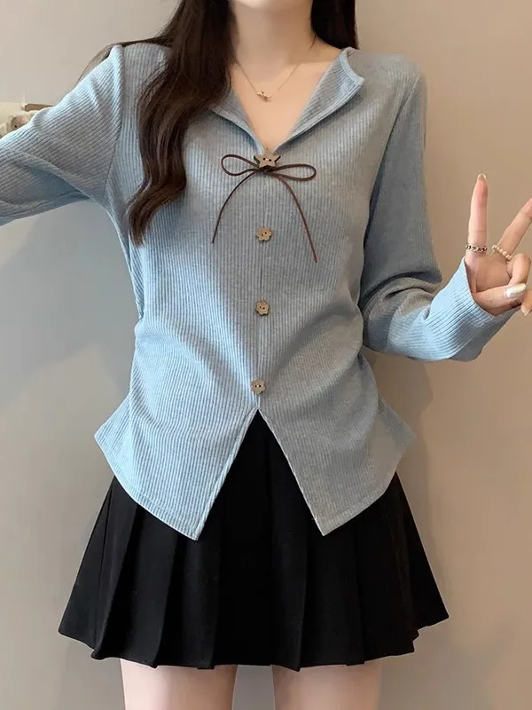 

Light Blue V-Ne Knitwear Women's plus Size Autumn Winter New Sle Big Code Fat MM Single Wear Waist-Cinching Top