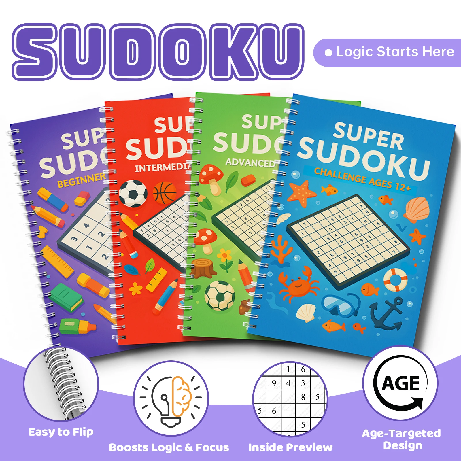 Kids Early Education Sudoku Puzzle Book, Brain Teaser Logic Game Workbook, Number Reasoning Training Book for Toddlers