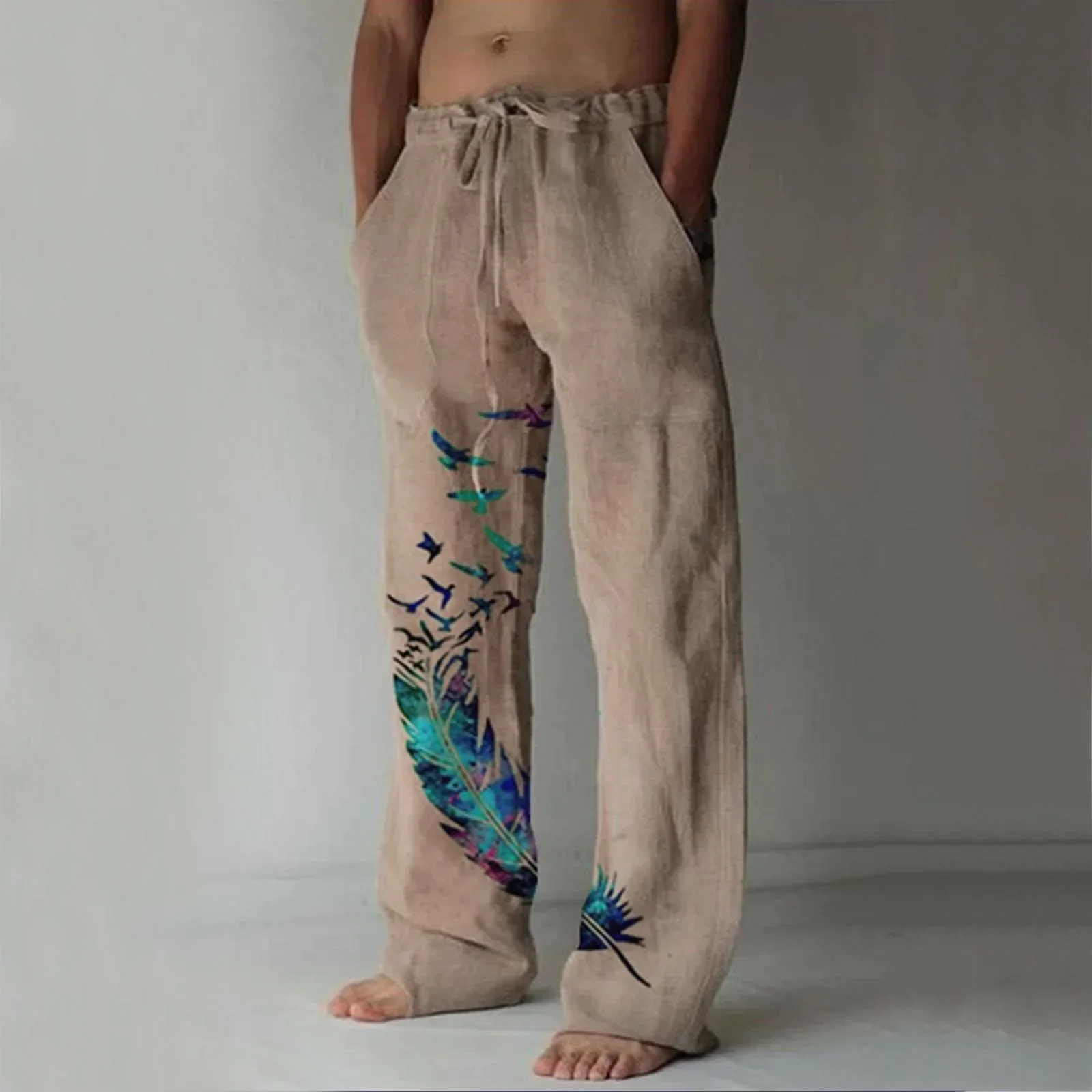 2024 Summer Fashion New Men's Casual Pants Simple Feather Printing Daily Handsome Men's Trousers Loose Straight Pants