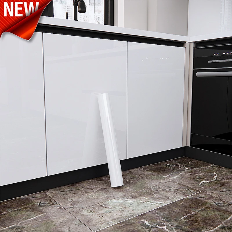 Glossy White Self-Adhesive Wallpaper Waterproof Oil-Proof PVC Cabinet Sticker Furniture Renovation Film for Kitchen