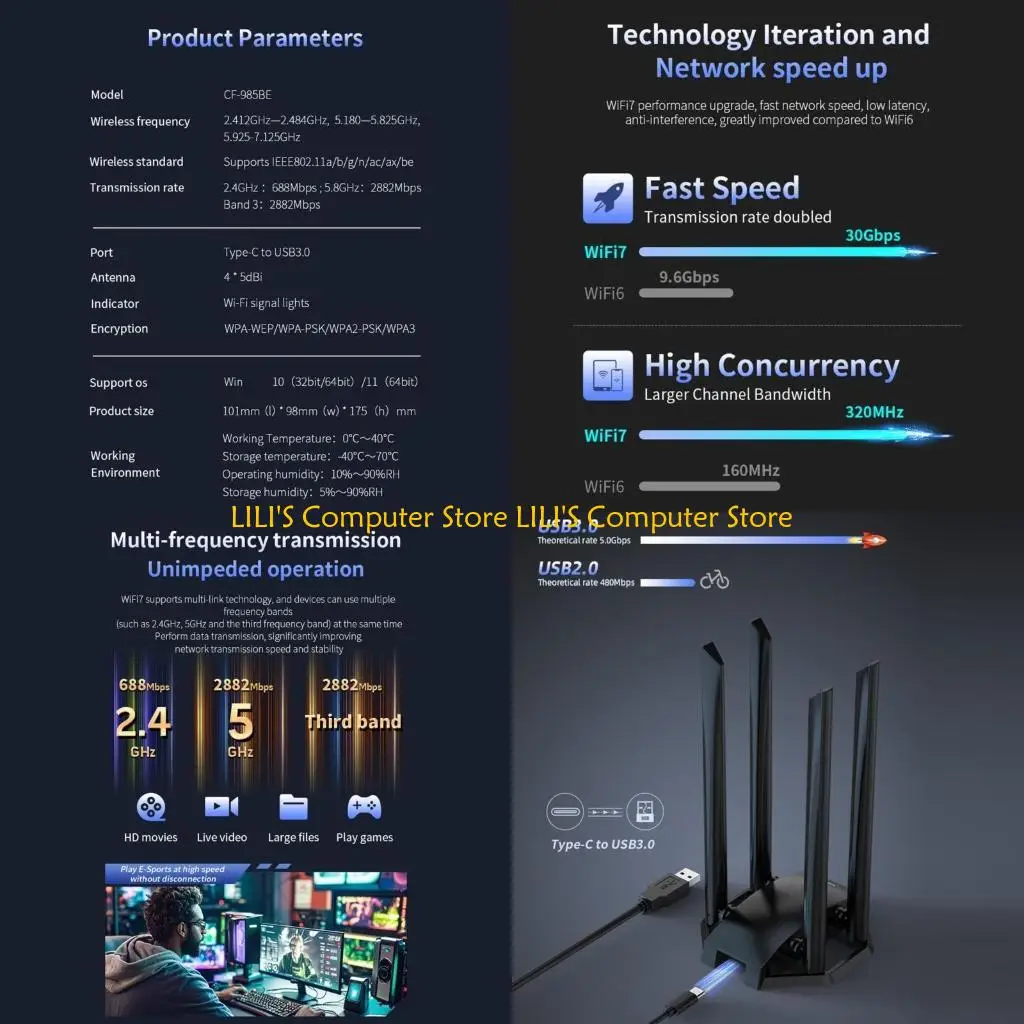 

A52B CF985BE 6452 Мбит/с Wi-Fi 7 Беспроводной модуль Wi-Fi 2,4 ГГц/5 ГГц/6 ГГц 6452 Мбит/с Быстрый для приложений с высокой