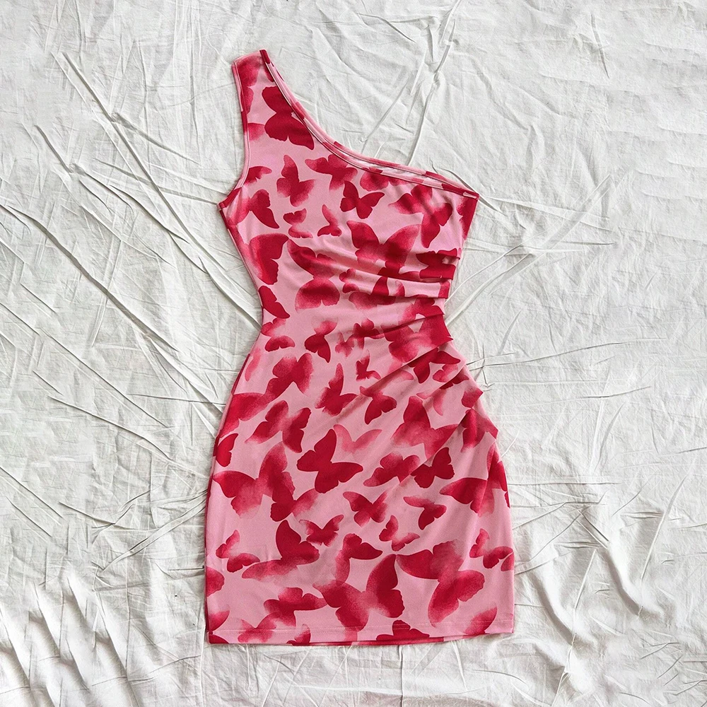 Robes printemps été Hotsweet mode imprimé graphique sans manches une épaule Mini vacances Cami robes pour les femmes