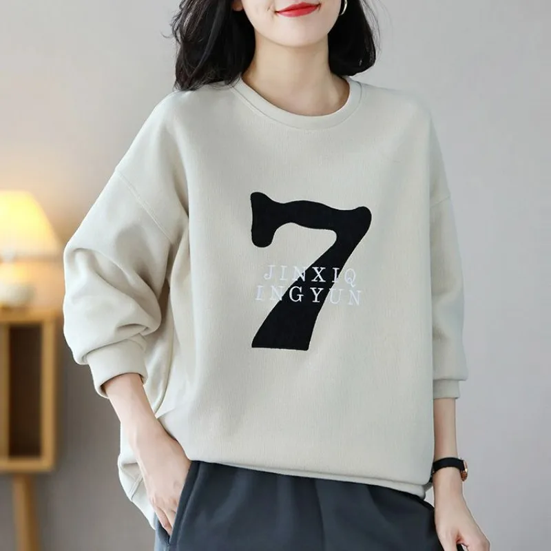 Autumn Women Trendy Digital Letter Print Casual Streetwear Oversize Sweatshirts Y2K Simple Chic O Neck Long Sleeve Pullover Tops