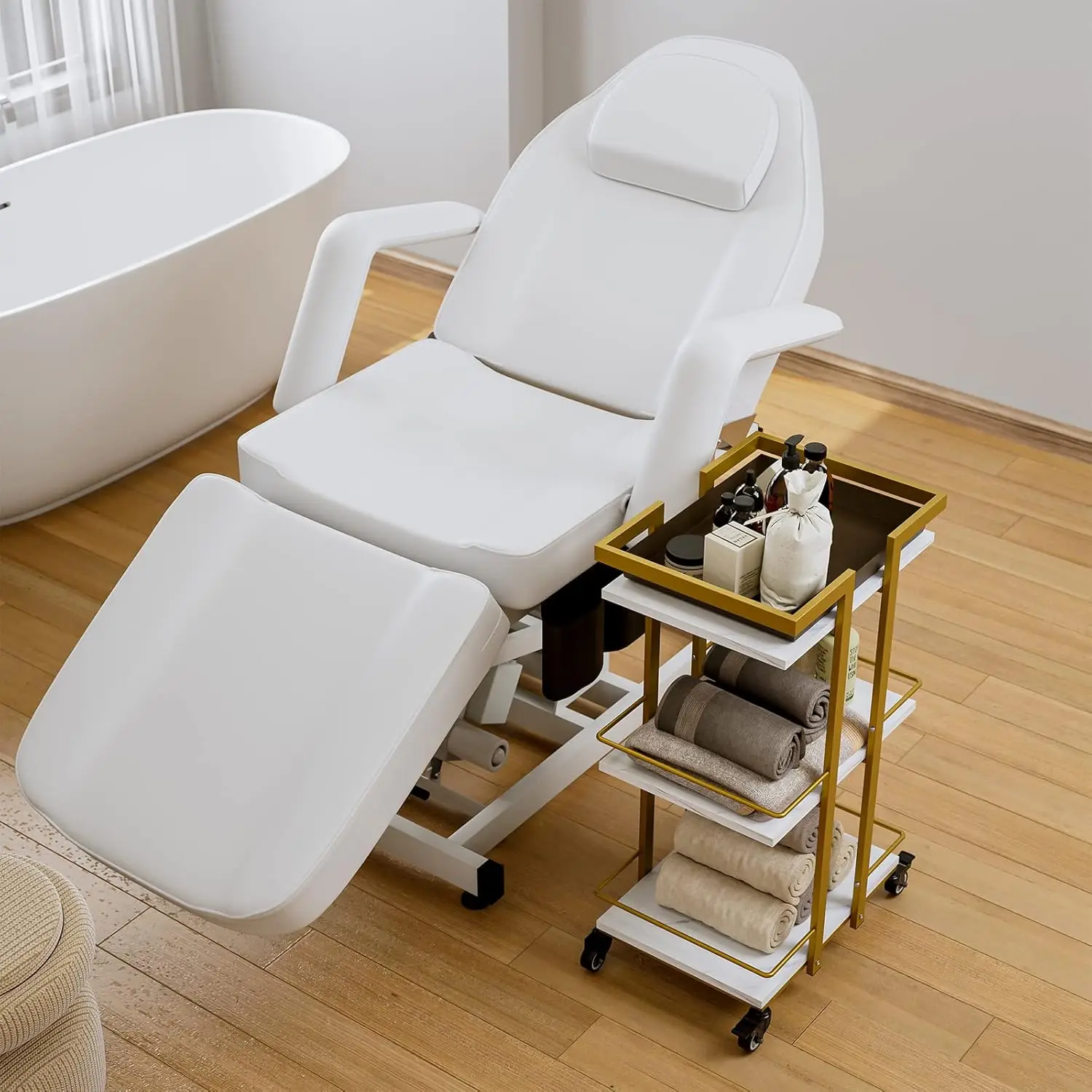 Esthetician Cart with Wheels Salon Lash Spa Rolling Trolley Cart White & Gold Stylish Design with Sleek Gold Metal Frame