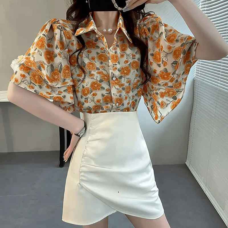 Ladies Fashion Printing Turn-down Collar Short Sleeve Blouse 2024 New Summer Fashionable Pleated Buttons Women\'s Shirt Sweet