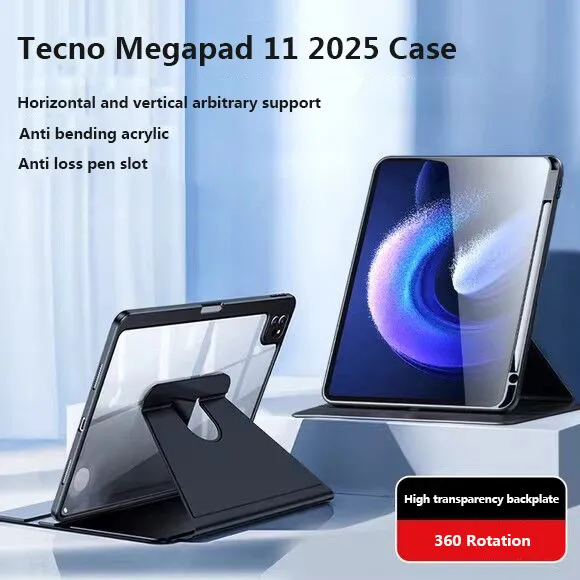 

360 ° Вращающийся акриловый жесткий чехол для Tecno Megapad 11, чехол 11 дюймов, кожаный защитный чехол 2025 с гнездом для ручки