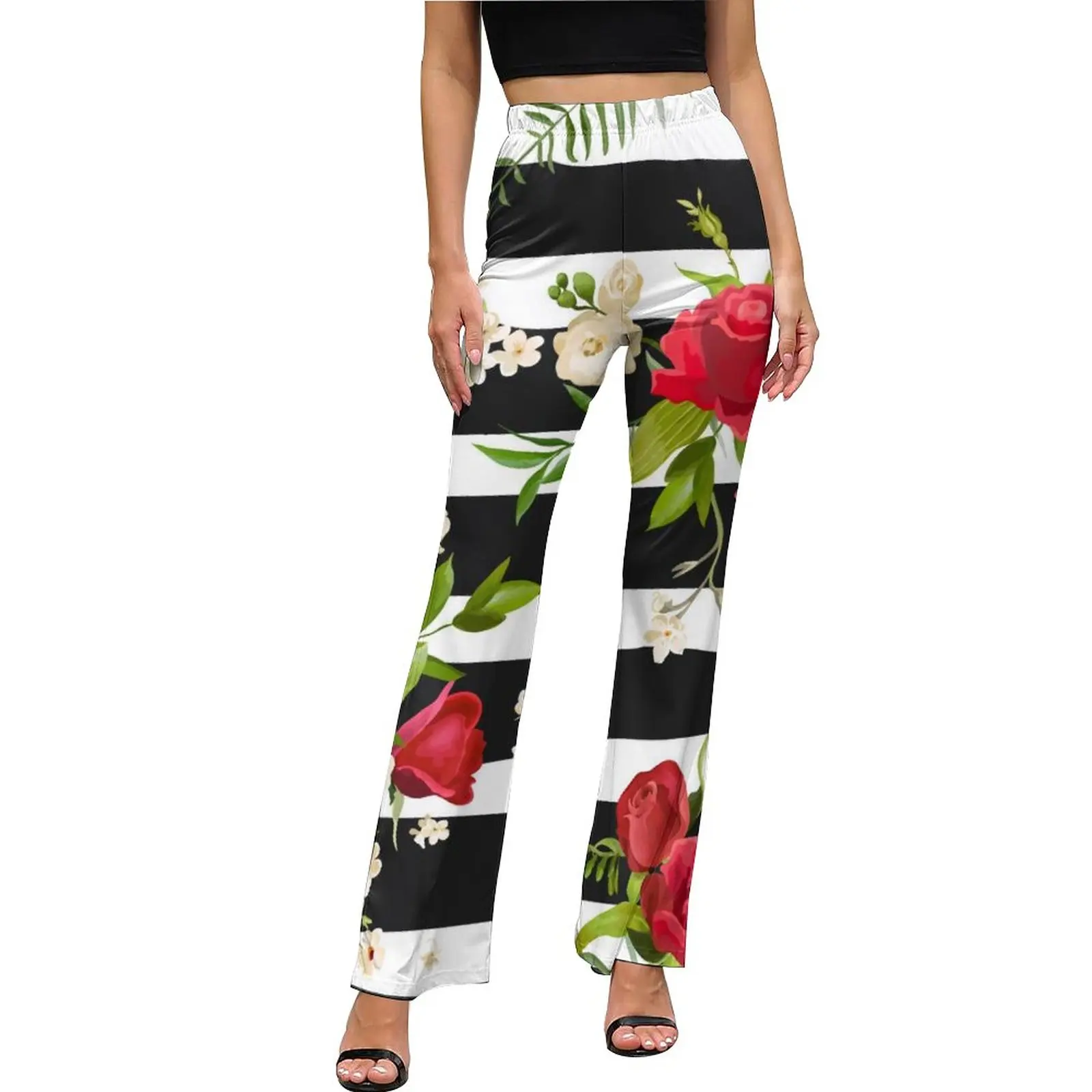 Floral Trendy Casual Pants Women Black And White Stripes Slim Fit High Waist Streetwear Flare Pants Cheap Spring Sexy Trousers