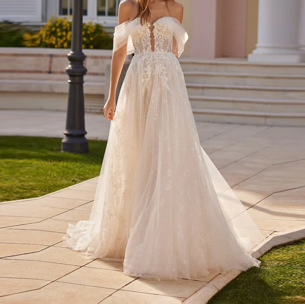 

Elegant Lace Off the Shoulder Appliques Wedding Dresses Sleeveless Tulle Sweetheart Floor Length A-Line Sweep Train Zipper Back