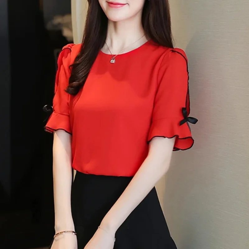 Summer Chiffon Women Blouse Short Sleeve Sweet Elegant Tops Fashion Casual Blouses Bow Clothing