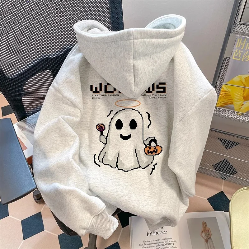

New Co-branded Halloween Little Ghost Print Hooded Sweatshirt, Loose Hooded and Fleece Loose Jacket
