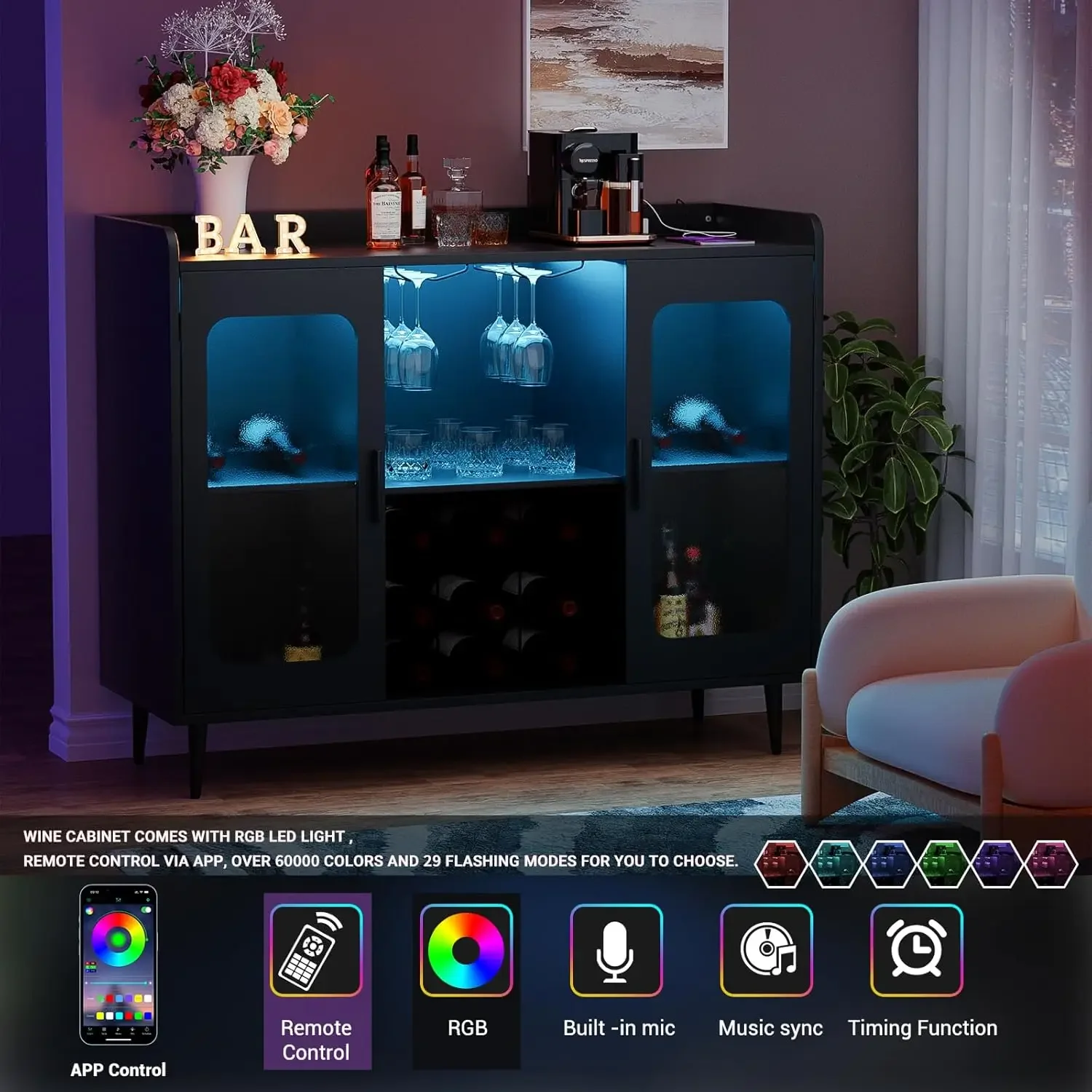 Armoire de bar à vin avec prise de courant et lumière LED, bar français ou armoire, verres T1, café à la maison