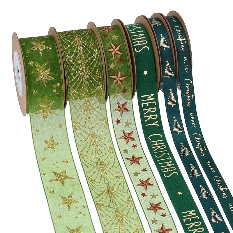 Green Gold-stamped and Glitter-sprinkled Christmas Decorative Ribbons, Fresh Flower Wrapping, and Gift Packaging Ribbons.