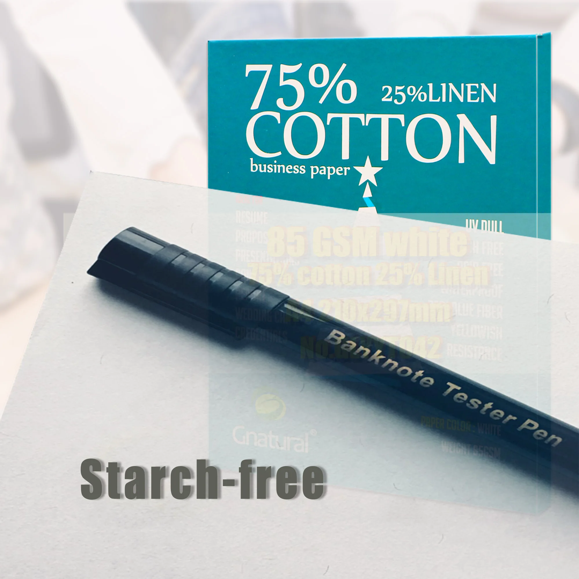 85gsm 75% cotton 25% linen paper A4 210*297mm,Ivory color,Visible fiber,Starch-free,Waterproof,100 sheets,GLYYT042