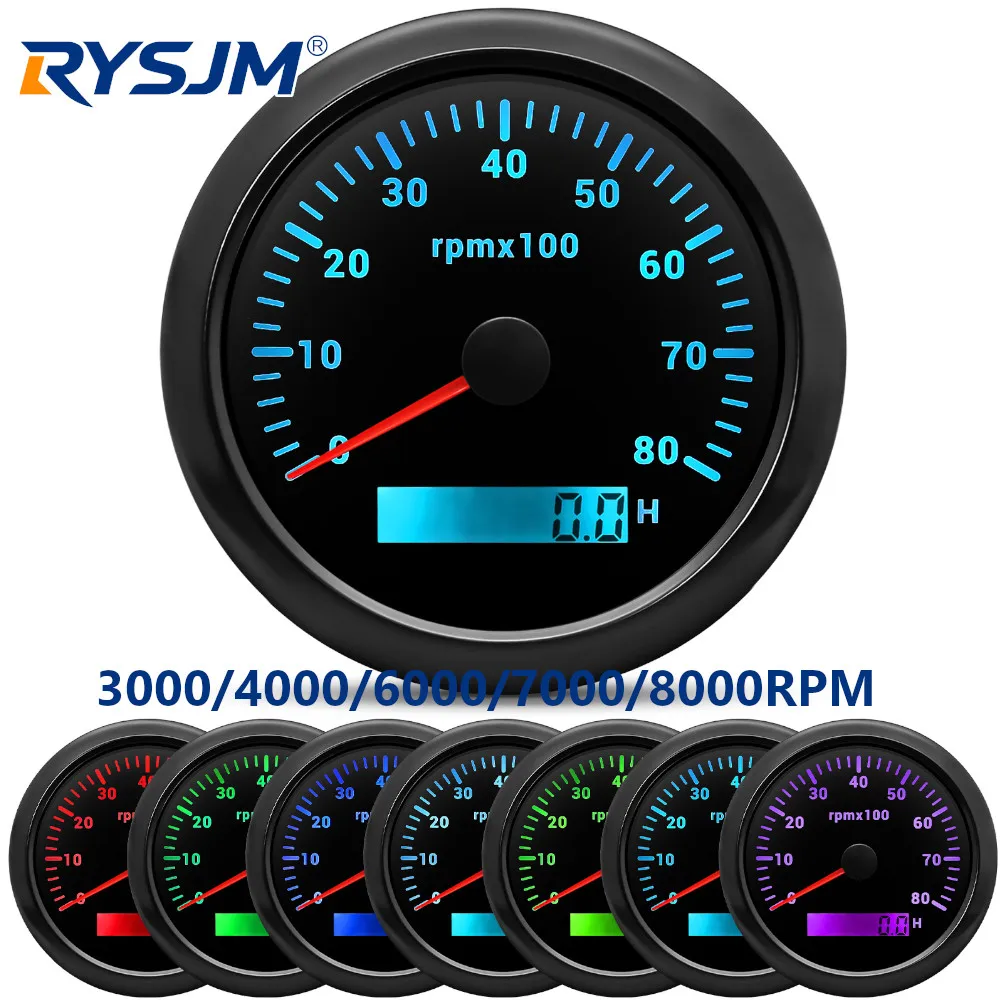 

85mm Diesel Engine Tachometer With LCD Hourmeter 7 Color Backlight Tacho Gauge 3000 6000 8000RPM For Marine Boat Car 12V/24V