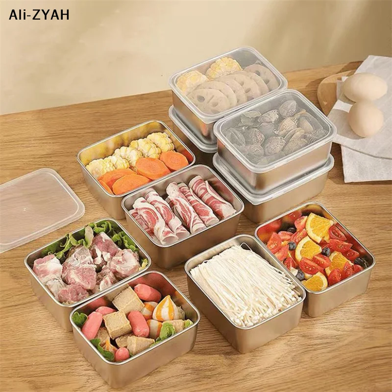 【A1】1PC 600ml Stainless Steel Refrigerator Food Storage Box With Plastic Lid Prepare Food Freshness Preservation Box Picnic Box