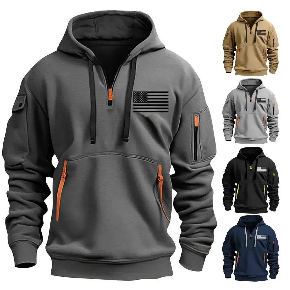 Men Hoodie American Flag Pattern Men's Fitness Hoodie with Plush-lined Hood Multi Pockets for Travel Work Zippered Hooded Top