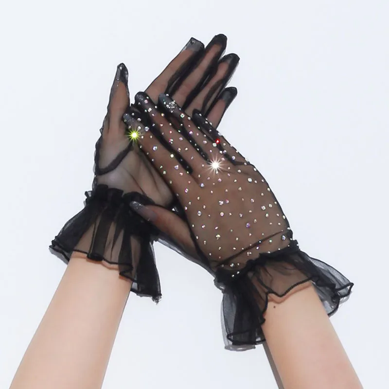 Women Sexy Lace Wrist Mesh Flash Diamond Thin Transparent Short Gloves Club Nightclub Party Cosplay Performance Accessories