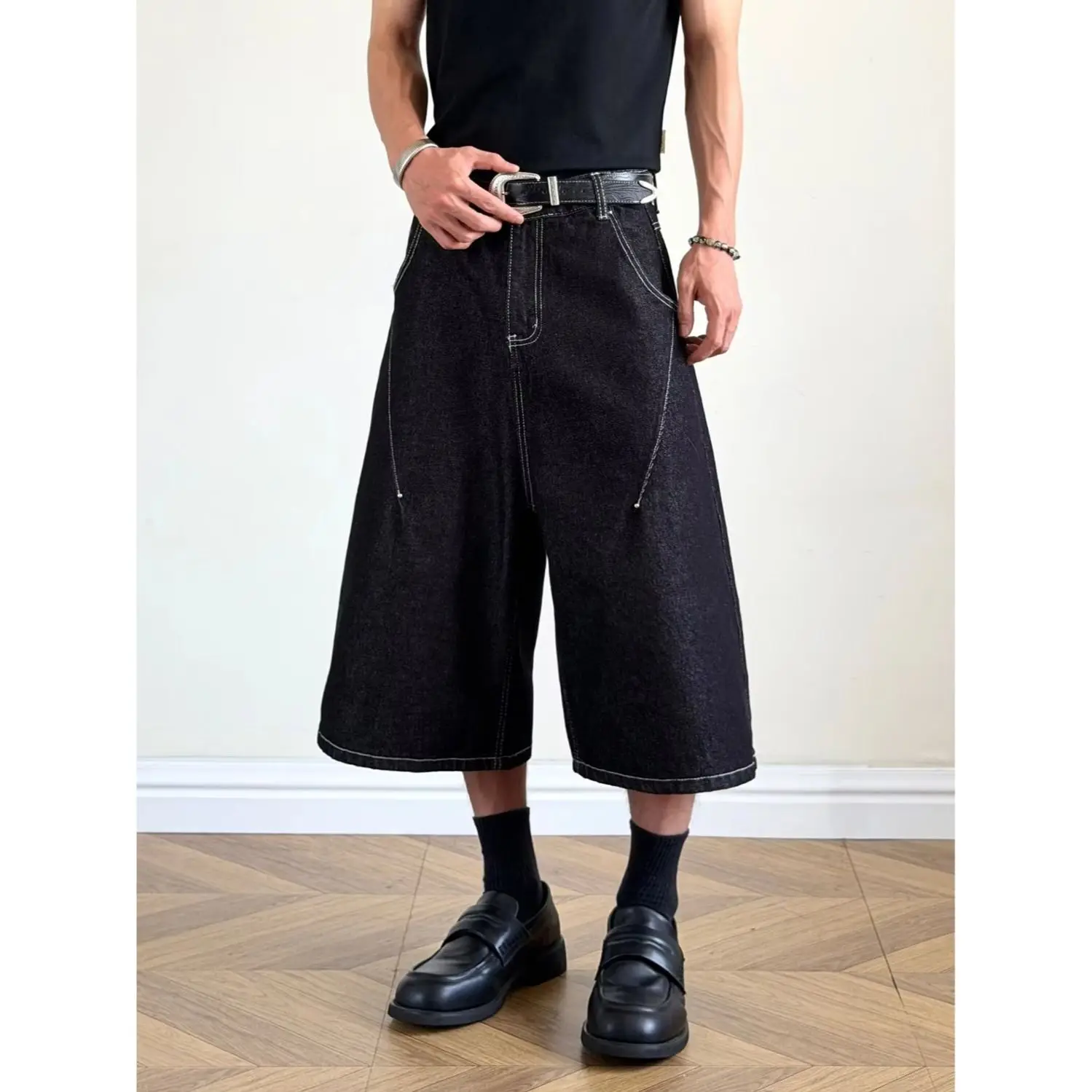 Men's Simple Bright Line Cropped Jeans Summer Shorts Cool Boy Mini Pants Wide Leg Casual Bottom Male Calf-length Trousers