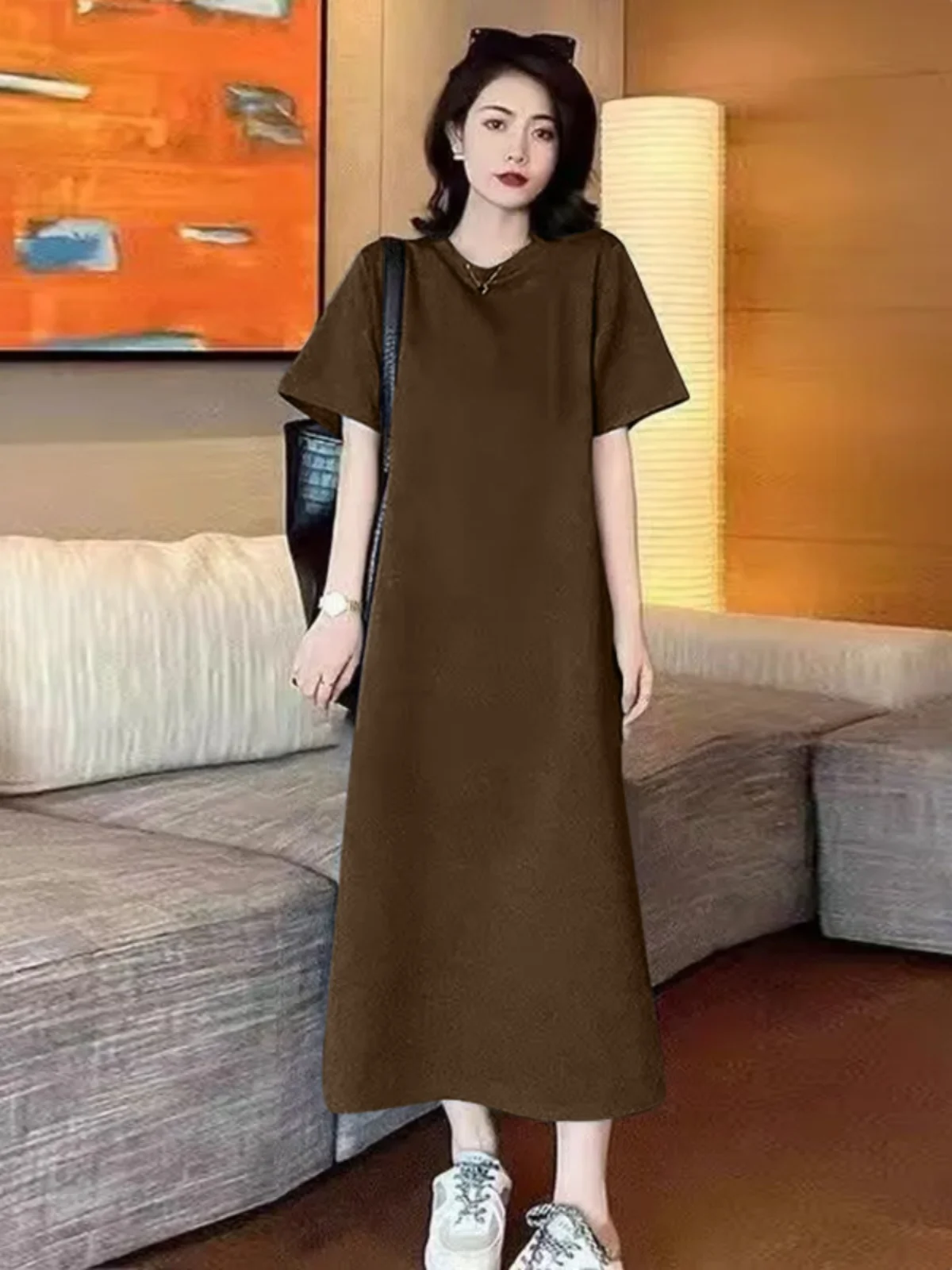 Grande taille ort Sve coton Dr femmes été ample décontracté mi-long genou-dessus T-shirt Dr h-ape coréen Sle