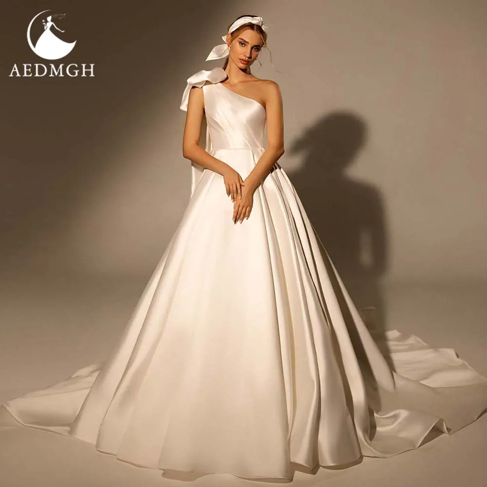 Aedmgh A-Line Matte Satin Chic Wedding Dresses 2024 Bow One Shoulder Robe De Mariee Backless Court Train Simple Vestido De Novia