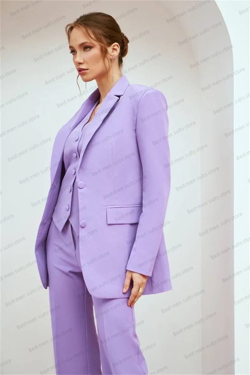 Lavendel Paarse Damespakken Set Strik Bruiloft Blazer + Vest + Broek 3 Stuks Formele Office Lady Jasje Prom Dress Smoking Op Maat Gemaakt