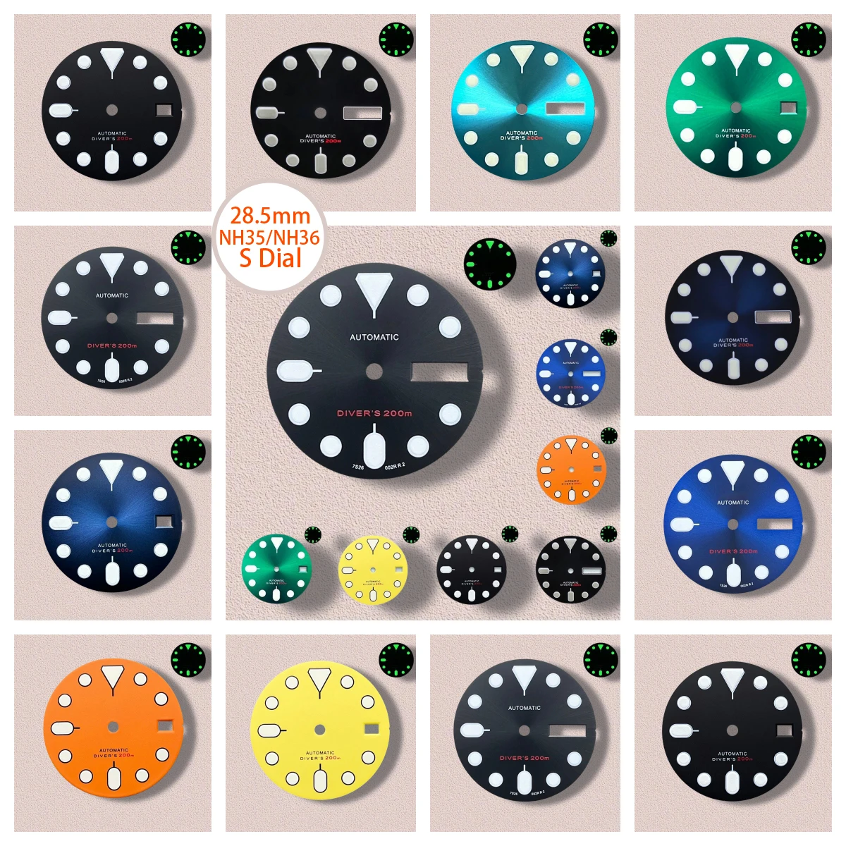 

28.5mm S Logo SKX007 Dial Fit NH36/4R36 Movement Green Luminous Matte/Sunray Dial Watch Modification Accessories