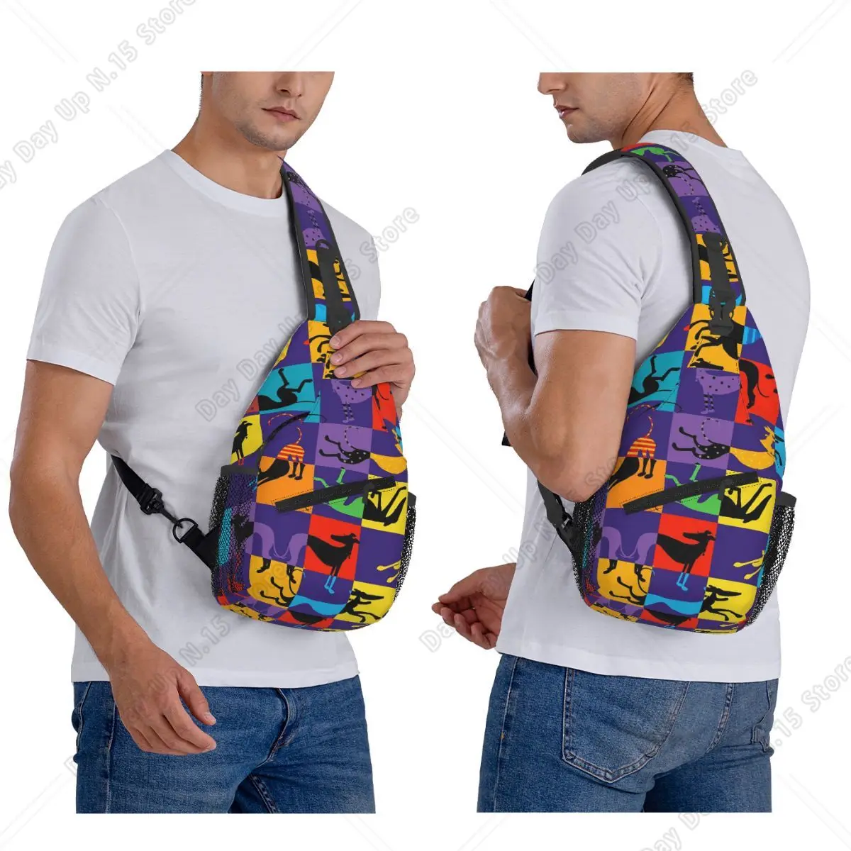 Greyhound Semaphore Whippet Sighthound Dog Chest Bag Men Sling Crossbody Backpack Chest Bag Travel Hiking Daypack Shoulder Bag