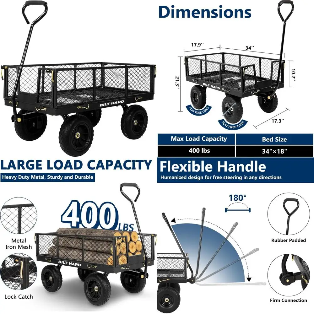 

Сверхмощная садовая тележка с 180° ° Вращающаяся ручка, съемные боковые стороны, 4 кубических фута, грузоподъемность 400 фунтов, спусковые шины