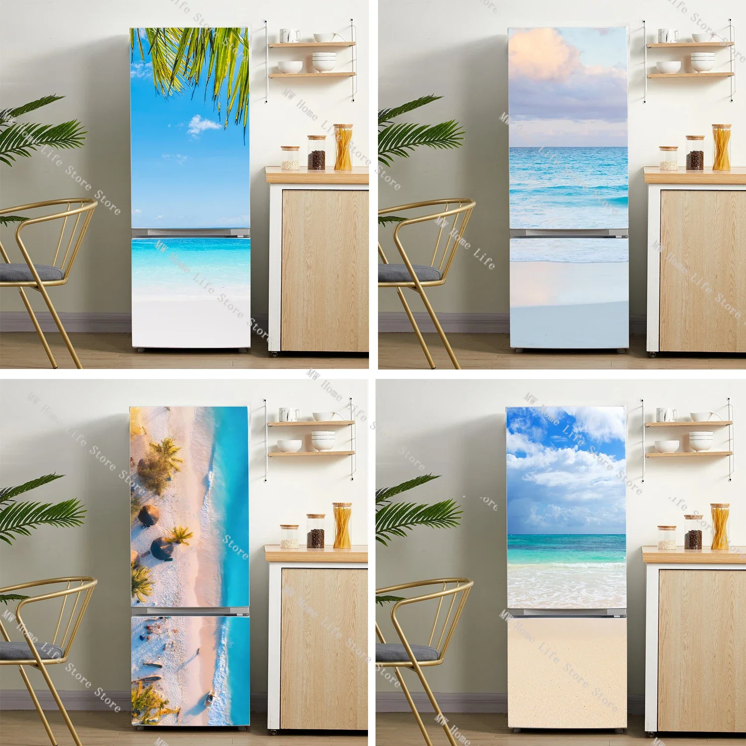 

Seaside Sunset Fridge Sticker Door Wrap Kitchen Wallpaper Accessories Art Refrigerator Modern Exquisite Scenery Wall Murals