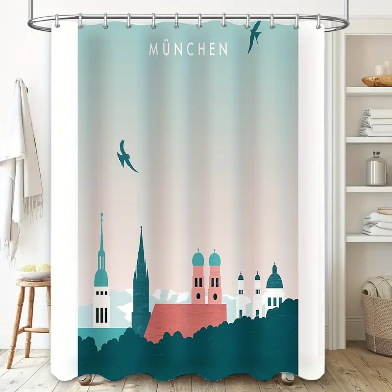 Bathroom Shower Curtain Scenic Cityscape Wall Art Decor Modern Farmhouse Coastal Home Textile Room Divider