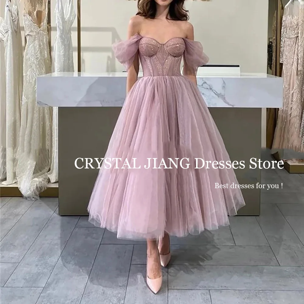 Elegant Short Off the Shoulder Glitter Tulle Prom Dresses Short Sleeves A Line Tea Length Vestidos Para Eventos Especiales