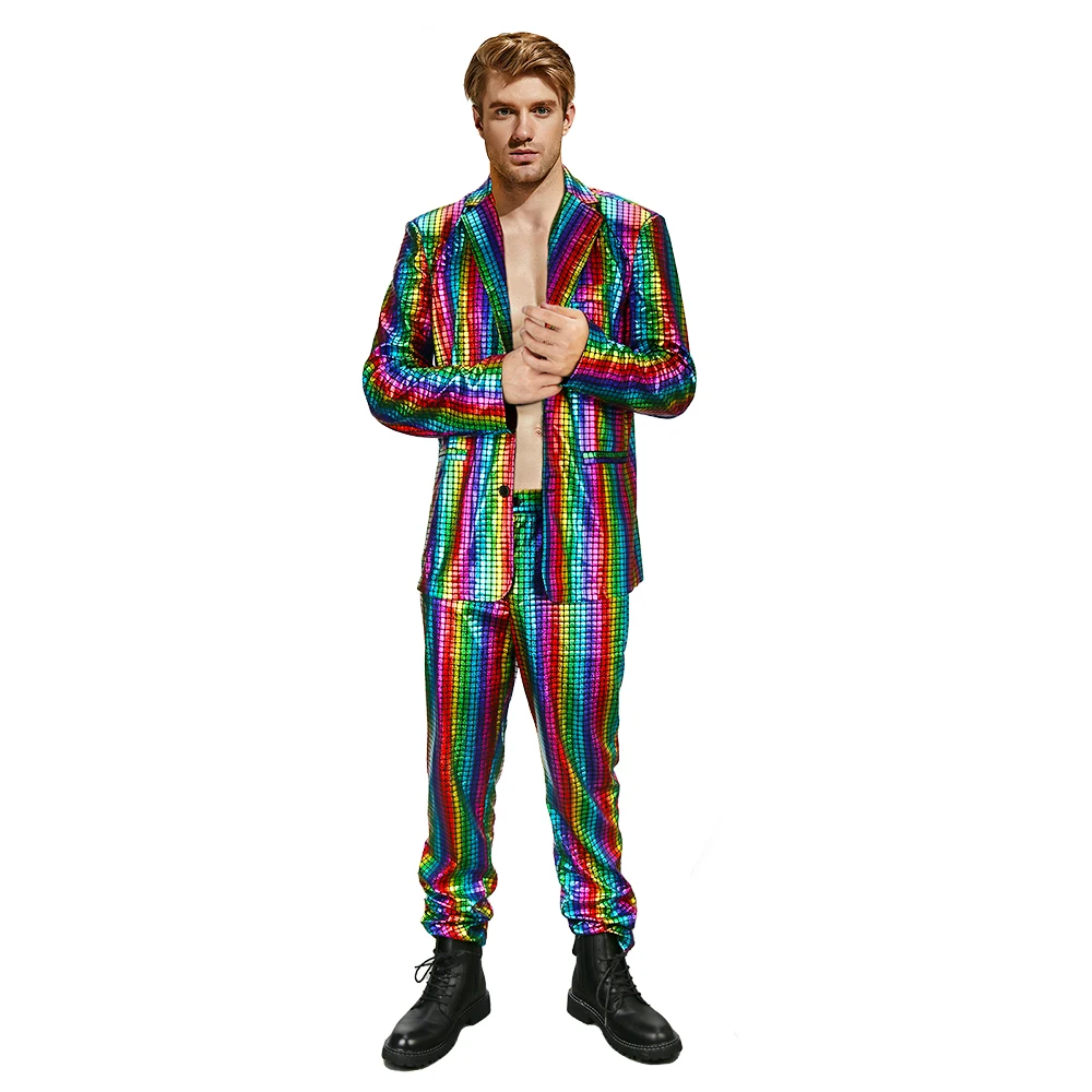 

Men's 2 Piece 70s Rainbow Disco Outfits For Men Shiny Sequin Suits Halloween Carnival Party Outfits Fancy Dress