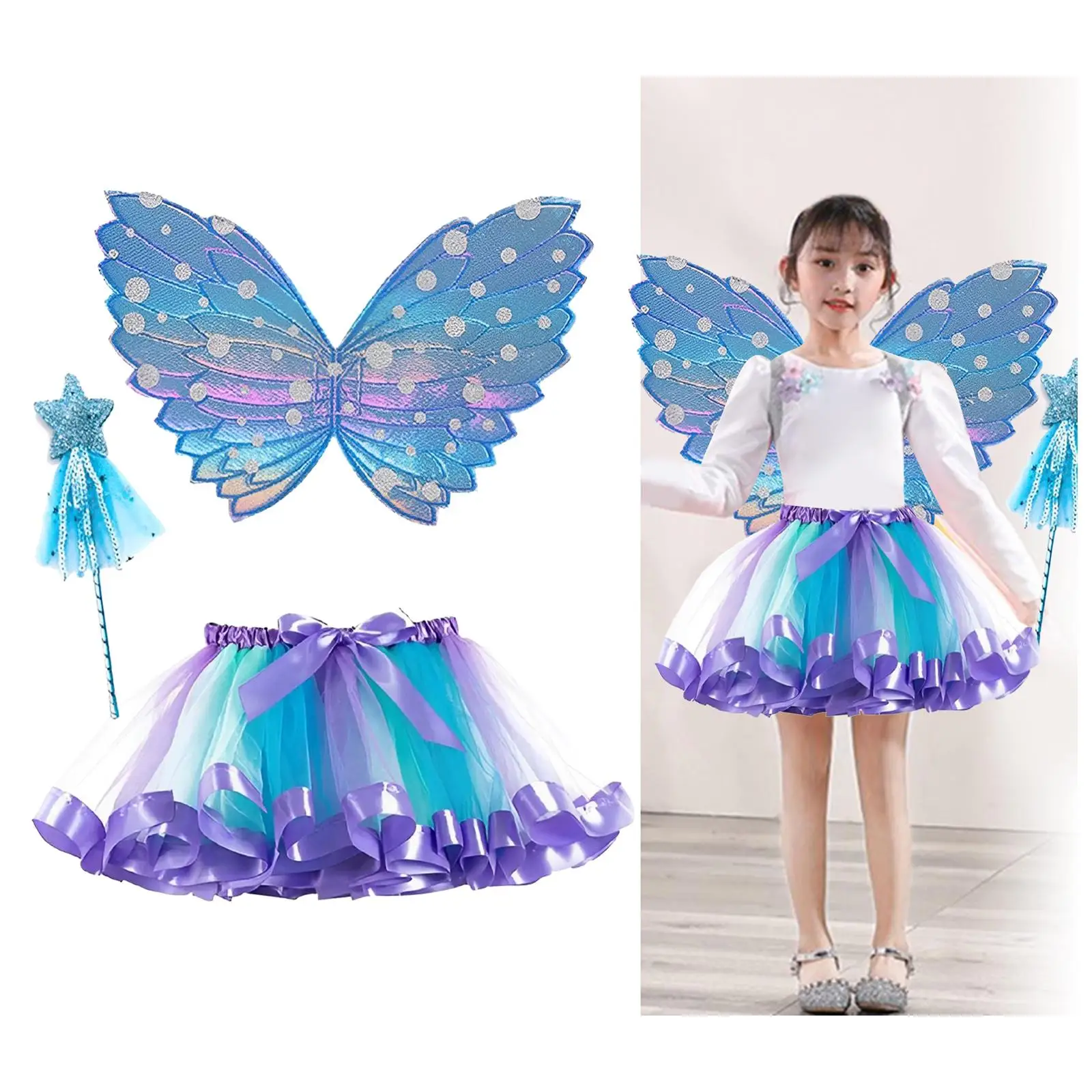 Fairy Costume Set Girls Fancy Dress up Butterfly Fairy Wing Wand Skirt Cosplay