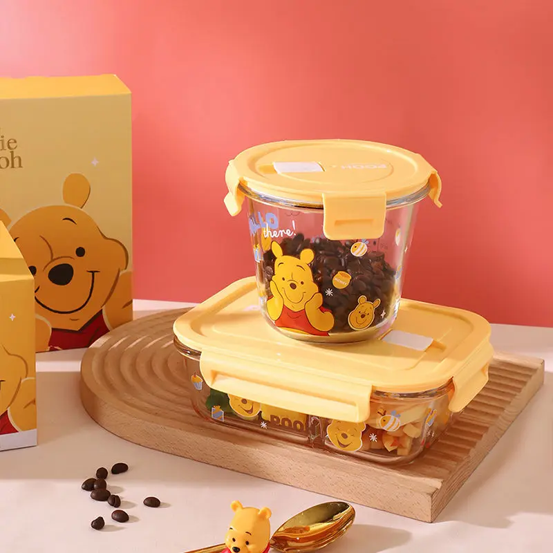 Disney Winnie the Pooh glass lunch box microwave heating office worker special bowl with lunch box storage separate lunch box