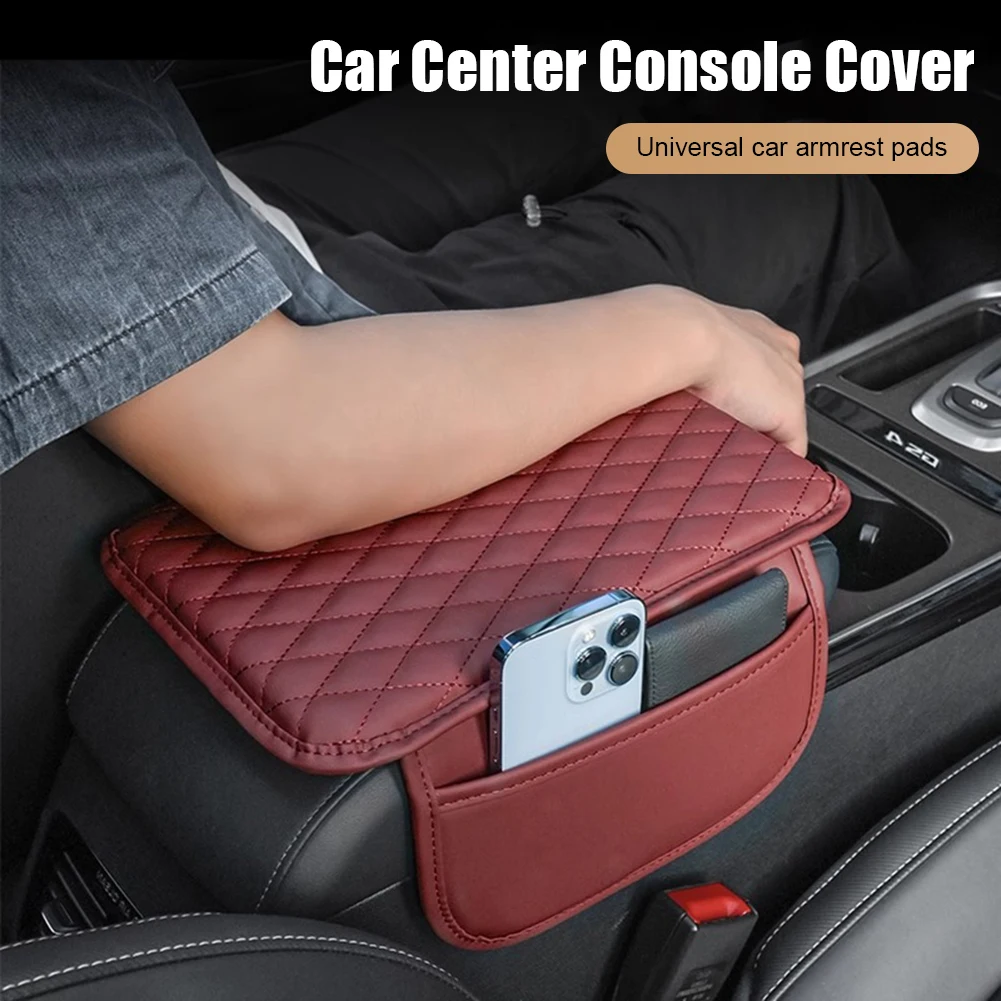 1PCS Universal Car Center Console Cover Leather Car Armrest Cover Cushion With 2 Storage Bags Auto Interior Accessories