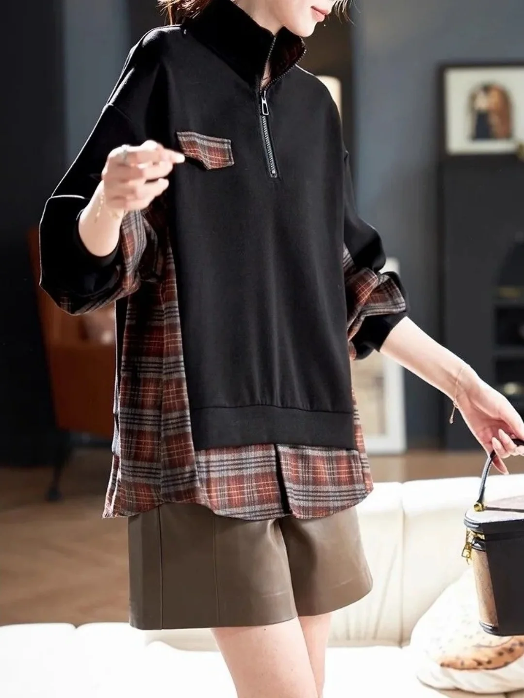

Женская толстовка из двух предметов в клетку в стиле ретро в стиле пэчворк, воротник-стойка, молния, свободный живот, длинный топ свека, большие размеры 300, сум
