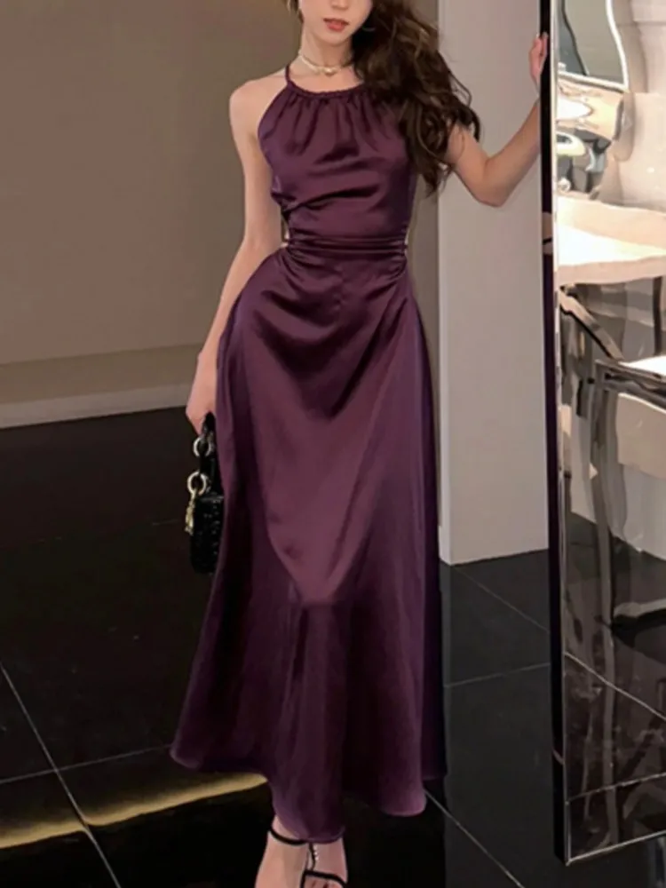 Vintage Satin Midi Dresses for Women 2023 New Summer French Fold Hollow Out Elegant Prom Fashion Slim Casual Female Clothes Robe