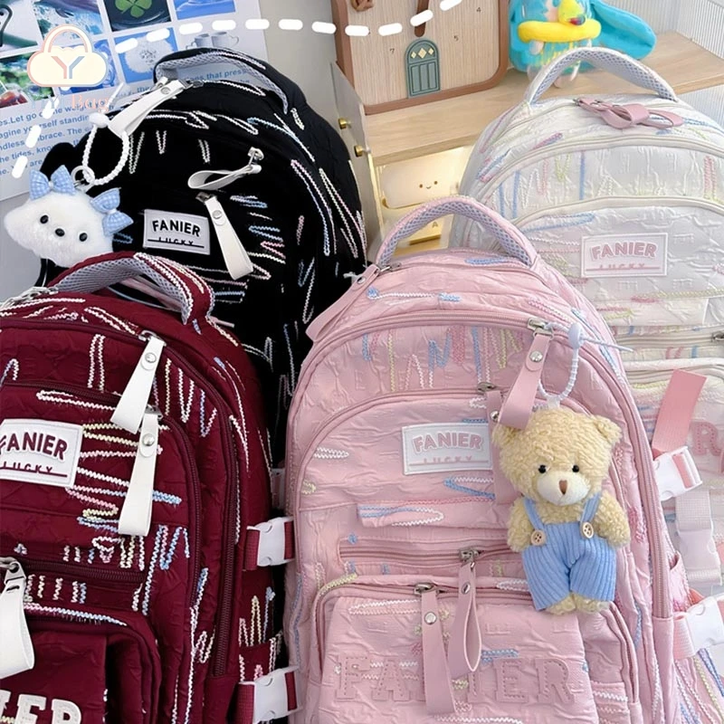 Colorful Line Graffiti Backpack Girls Large Capacity Student Schoolbag Preppy Style Daily Lightweight Durable Travel Backpack