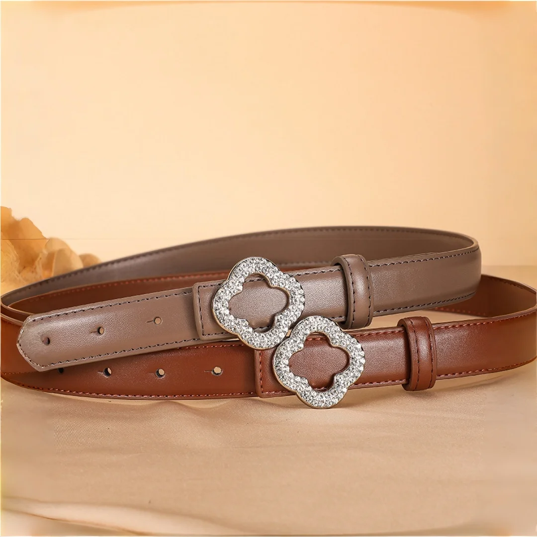 Elegant Women Thin Split Leather Belt Four Leaf Clover Crystal Slide Buckle Fashion Waist Strap For Suit Jeans Skirt