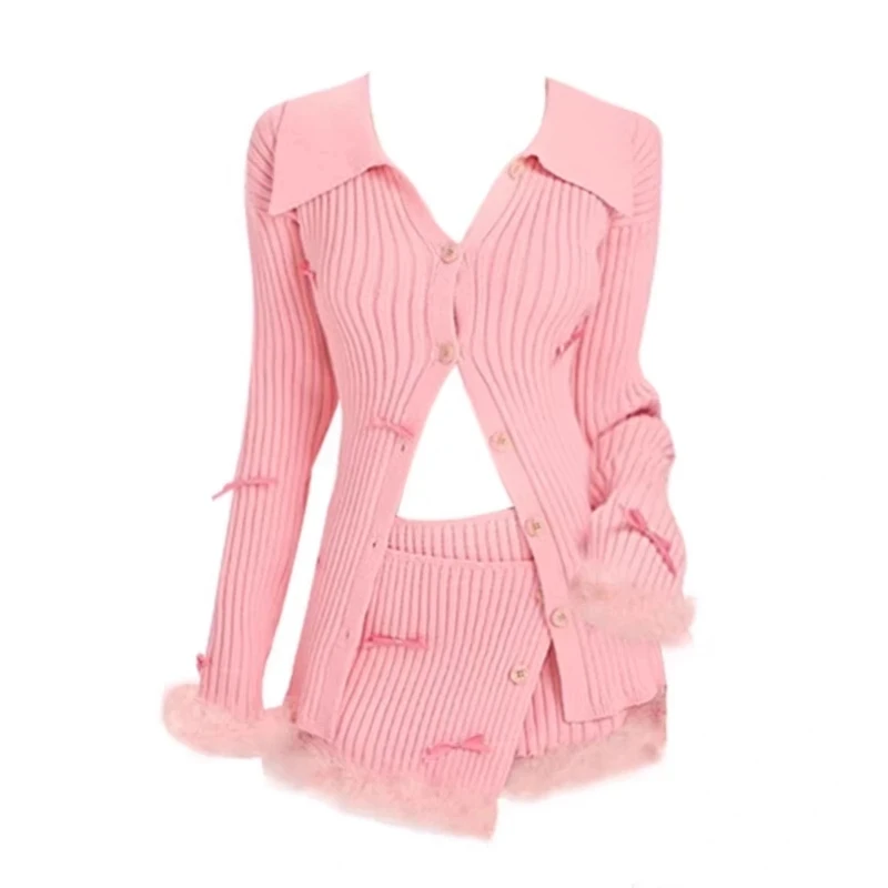 Cute Autumn Pink Knitted Suit Woman Kawaii Elegant Set Korea Fashion Clothing Woman Casual Sweater + Slim Bodycon Y2k Mini Skirt