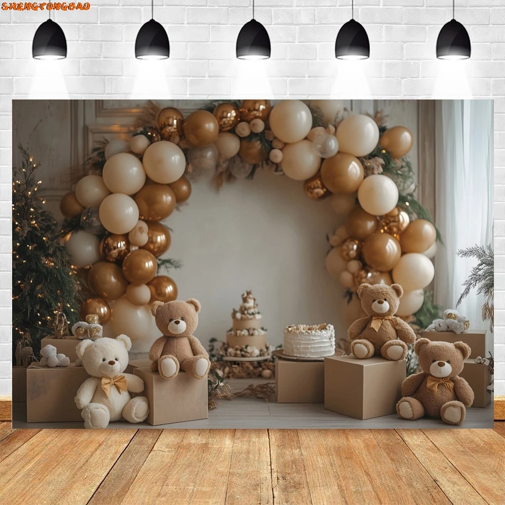 Boho สไตล์หมี Arch บอลลูนการถ่ายภาพพื้นหลังเด็กวันเกิดเค้ก Smash Portrait Decor ฉากหลัง Photo Studio Props