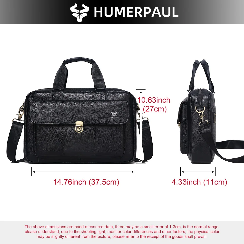 HUMERPAUL Tas Kantor Pria Bisnis Tas Kantor untuk Dokumen Tas Tangan Laptop Kulit Asli Bolsas Messenger Perjalanan Mewah