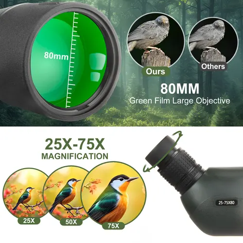 Imagen 2 del producto Telescopio Monocular con Zoom potente de campo grande, telescopio de 25-75x80, con adaptador de teléfono, trípode para observación de aves y Camping
